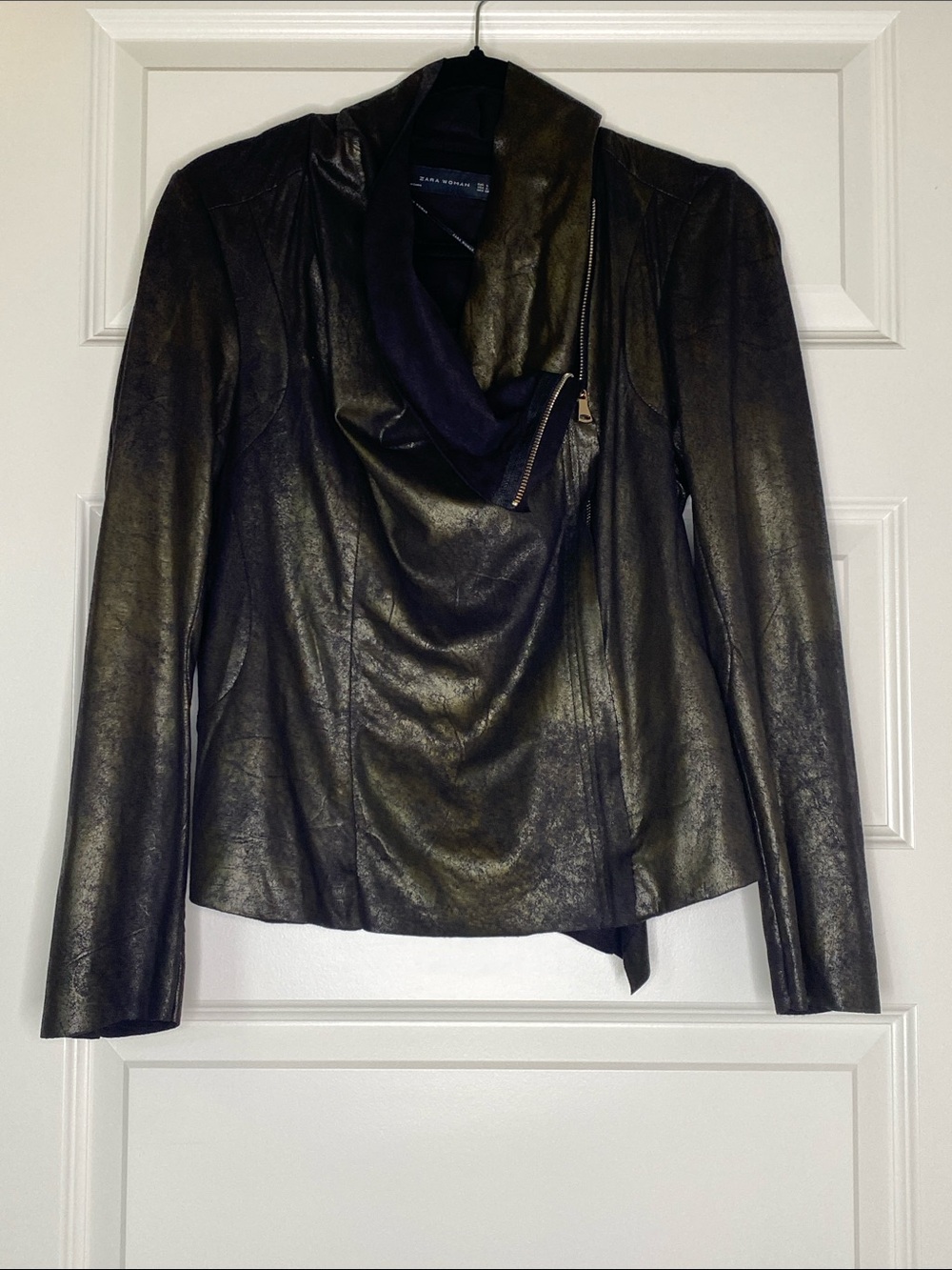 Zara Black and Gold Draped Asymmetrical Zip Jacket